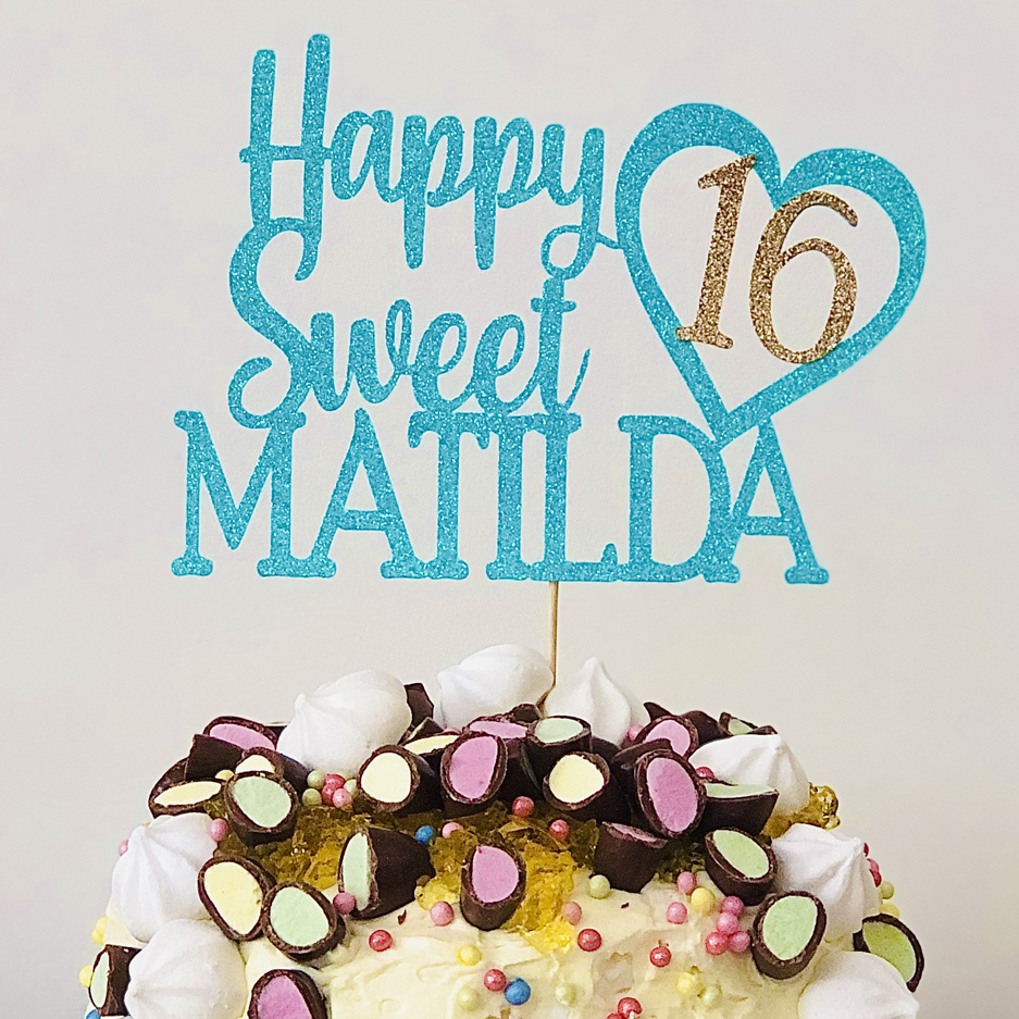 Happy sweet 16th with heart (name) (sixteen) topper - Cake Toppers